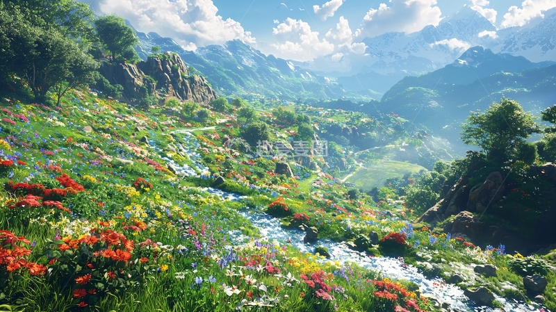 高清大图下载【趣麦麦图】山间溪流花海