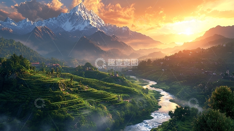 高清大图下载【趣麦麦图】日出雪山峡谷河流村庄