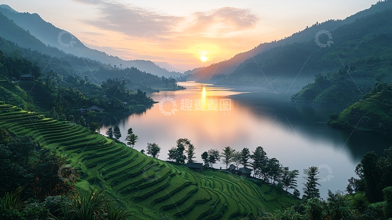 高清大图下载【趣麦麦图】日出山峦湖泊梯田