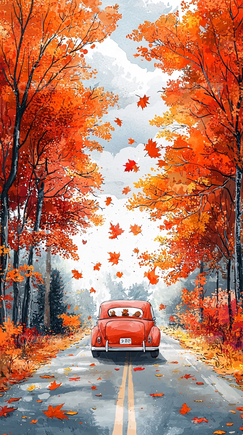 高清大图下载【趣麦麦图】秋日红叶公路复古汽车