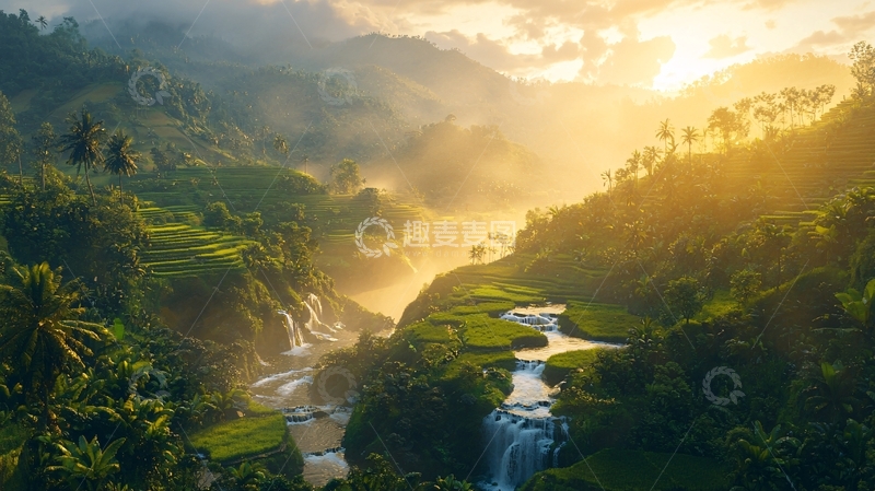 高清大图下载【趣麦麦图】日出山谷梯田瀑布