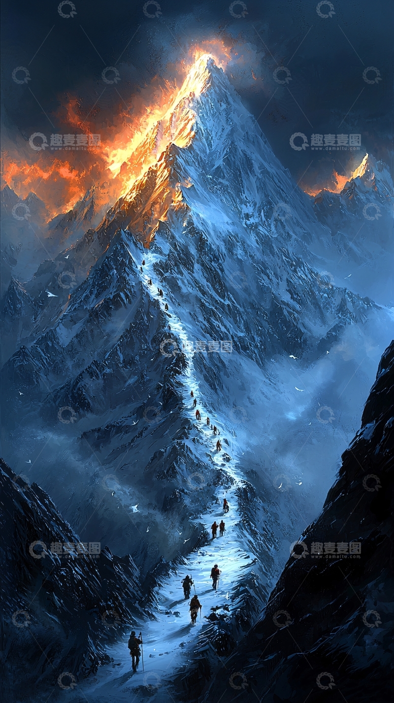 高清大图下载【趣麦麦图】燃烧的山峰攀登者