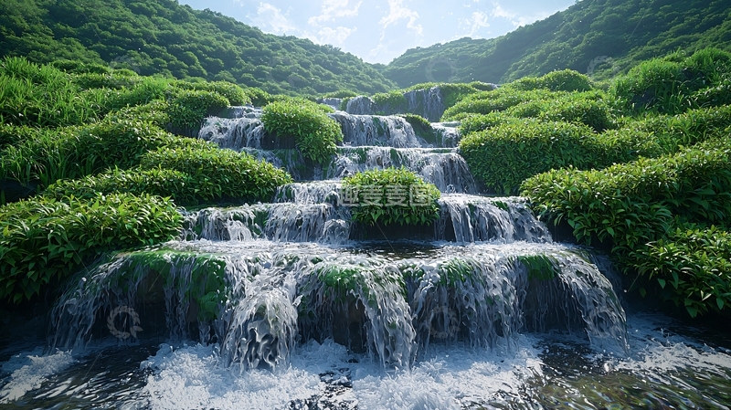高清大图下载【趣麦麦图】绿意盎然的层叠瀑布