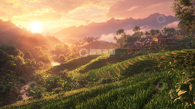 高清大图下载【趣麦麦图】夕阳下的梯田村庄