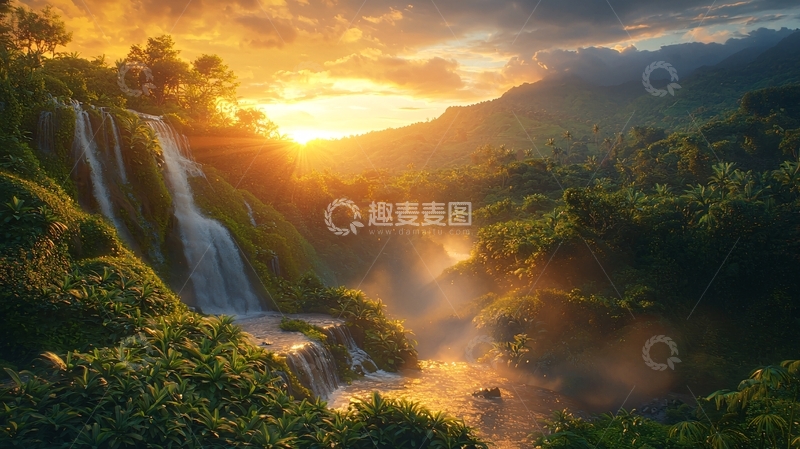 高清大图下载【趣麦麦图】日落瀑布森林山脉