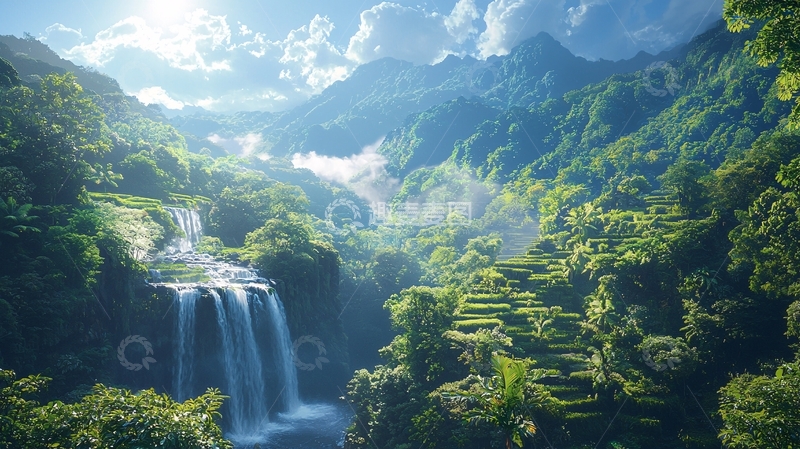 高清大图下载【趣麦麦图】山谷瀑布田园风光