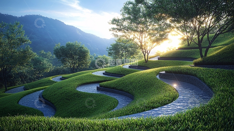 高清大图下载【趣麦麦图】山峦环绕的绿色阶梯路径