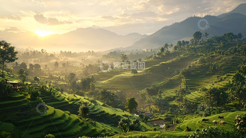 高清大图下载【趣麦麦图】日出山峦梯田景色