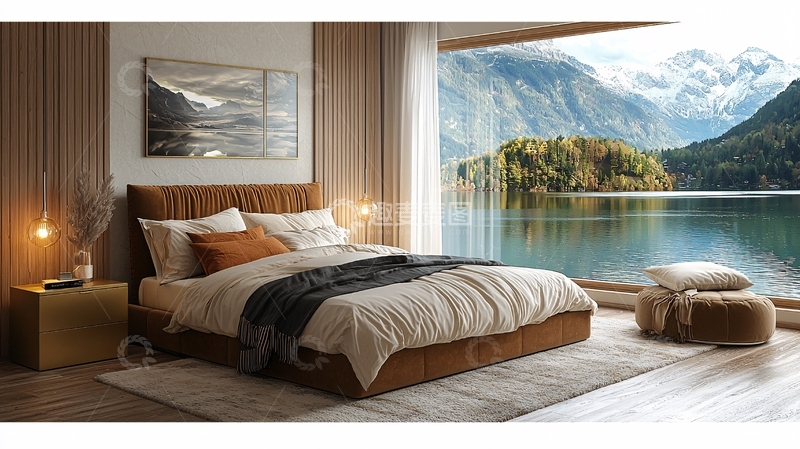 高清大图下载【趣麦麦图】极简风卧室湖景大床