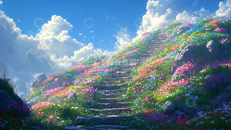 高清大图下载【趣麦麦图】彩色阶梯通往花海