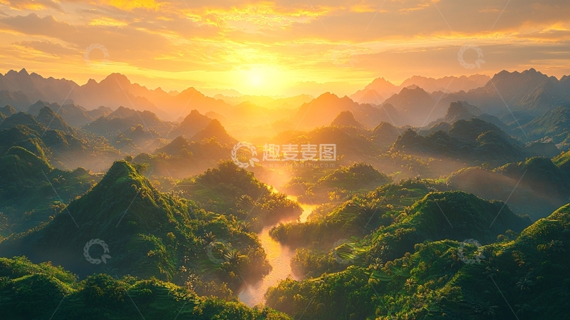 高清大图下载【趣麦麦图】日出山峦河流景色