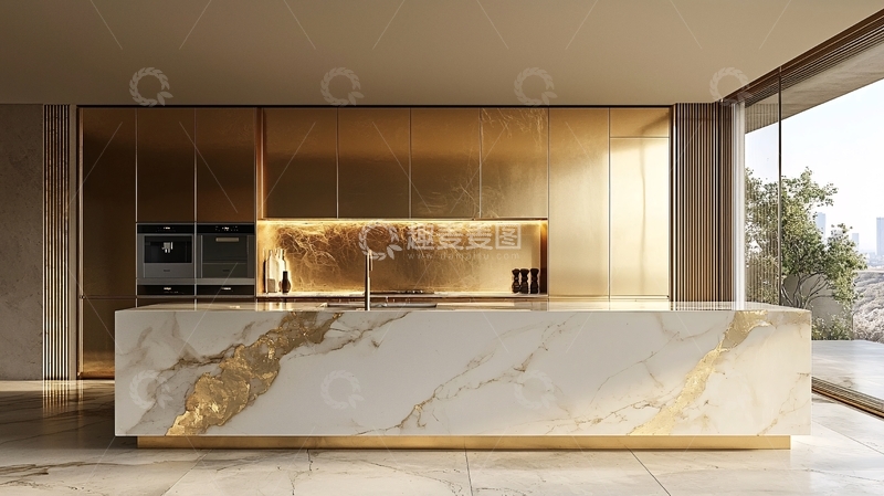 高清大图下载【趣麦麦图】奢华金色大理石厨房岛台