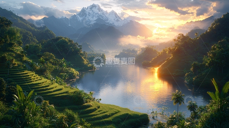 高清大图下载【趣麦麦图】日出雪山湖泊梯田