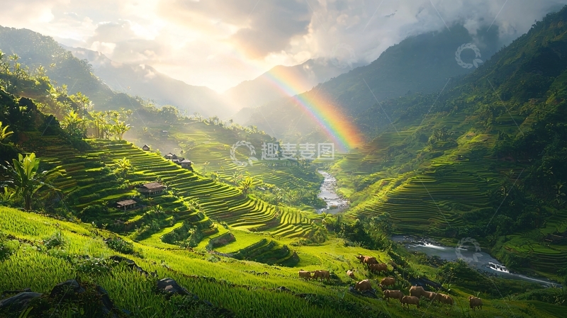 高清大图下载【趣麦麦图】阳光彩虹下的梯田美景