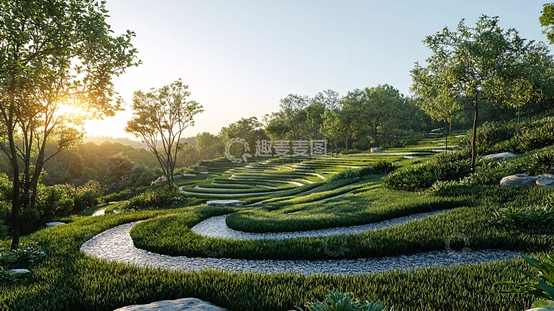 高清大图下载【趣麦麦图】清晨阳光下的绿色山坡花园