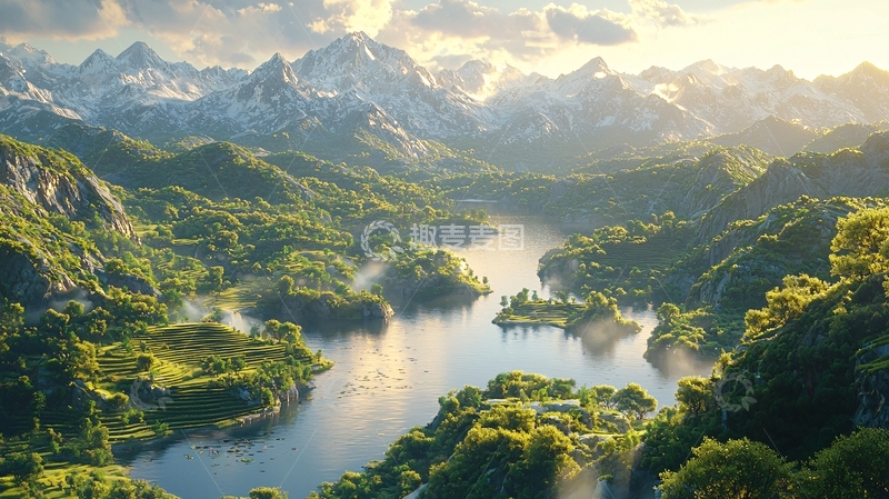 高清大图下载【趣麦麦图】雪山环绕的绿色山谷