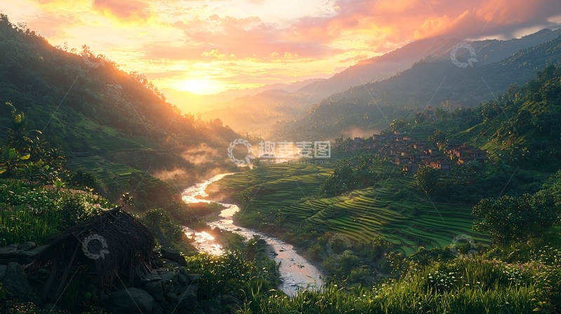 高清大图下载【趣麦麦图】日出山谷河流村庄