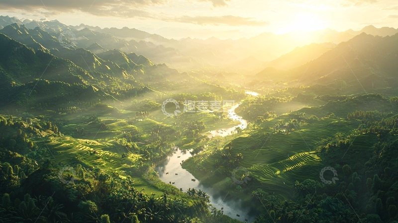 高清大图下载【趣麦麦图】翠绿山谷中的河流