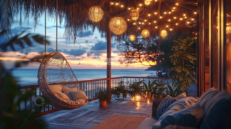 高清大图下载【趣麦麦图】海边吊椅黄昏美景