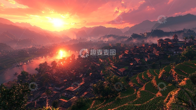 高清大图下载【趣麦麦图】日落山谷村庄景色