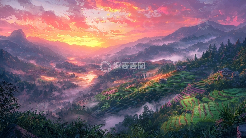 高清大图下载【趣麦麦图】日出山峦云海梯田