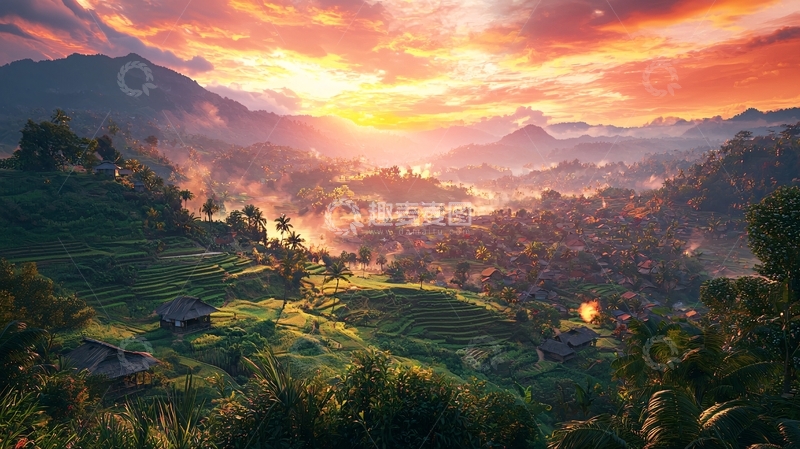 高清大图下载【趣麦麦图】日出山峦田园风光