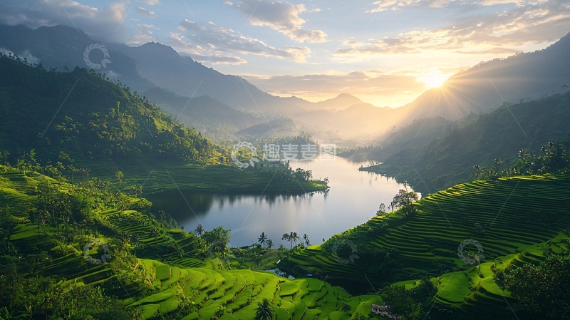 高清大图下载【趣麦麦图】山峦湖泊日出景色