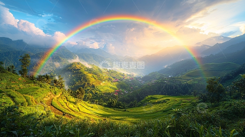 高清大图下载【趣麦麦图】彩虹山峦田园风光