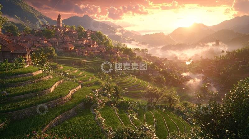 高清大图下载【趣麦麦图】山村日落