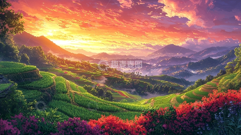 高清大图下载【趣麦麦图】日出山峦梯田美景