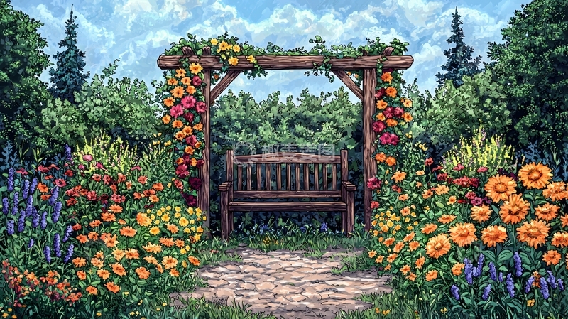 高清大图下载【趣麦麦图】花园长椅花架