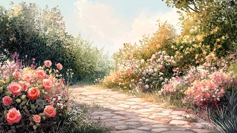 高清大图下载【趣麦麦图】阳光洒在玫瑰花丛小径