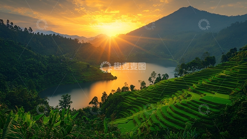 高清大图下载【趣麦麦图】日出山峰湖泊梯田