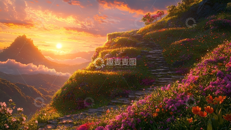 高清大图下载【趣麦麦图】山坡花海夕阳美景