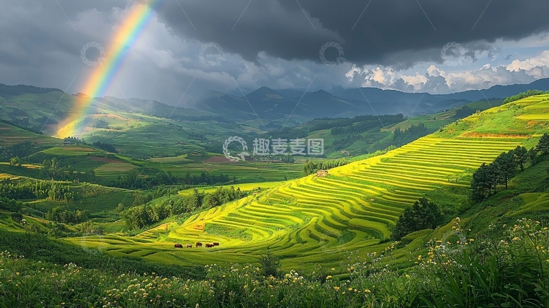高清大图下载【趣麦麦图】绿色梯田上的彩虹