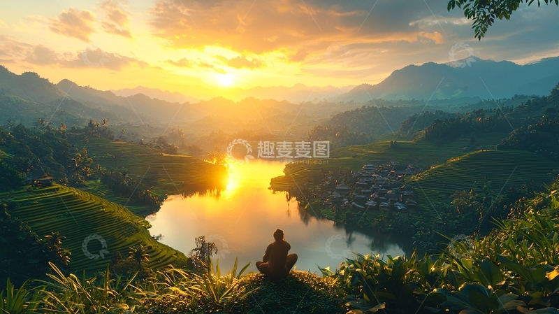 高清大图下载【趣麦麦图】日出山景人物冥想