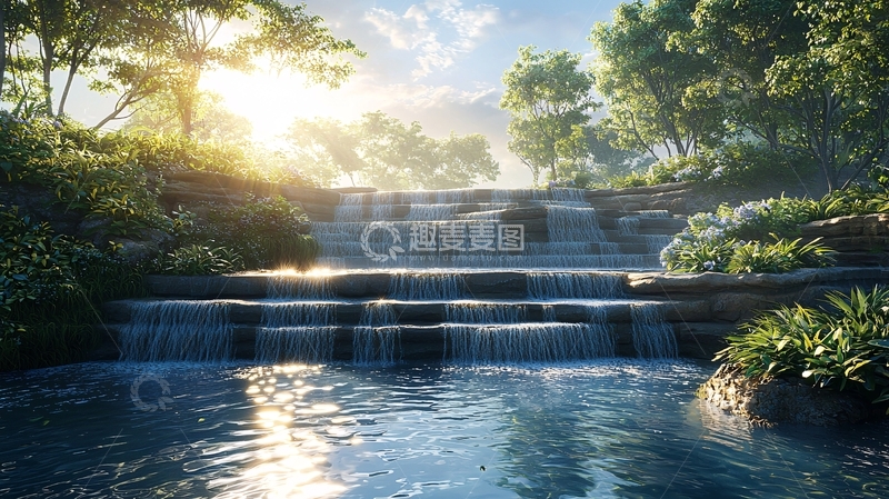 高清大图下载【趣麦麦图】阳光下的层叠瀑布