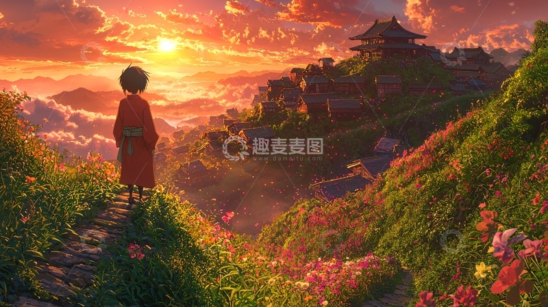 高清大图下载【趣麦麦图】日落山顶僧侣远眺