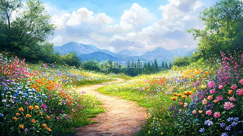 高清大图下载【趣麦麦图】梦幻花海山间小路