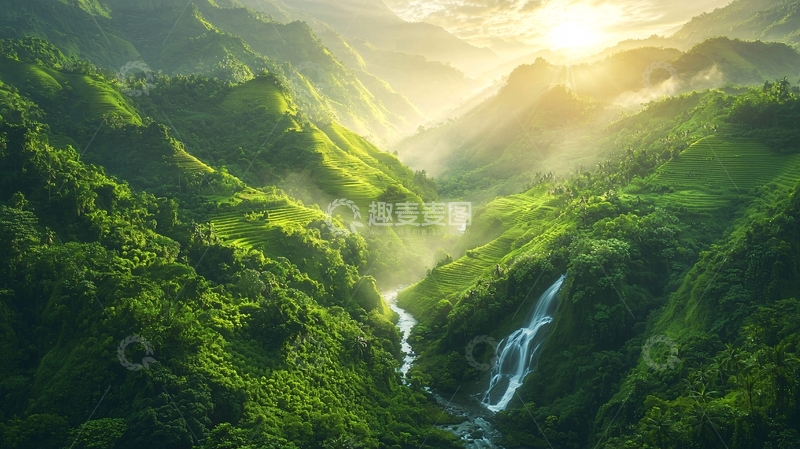 高清大图下载【趣麦麦图】山谷瀑布日出景色