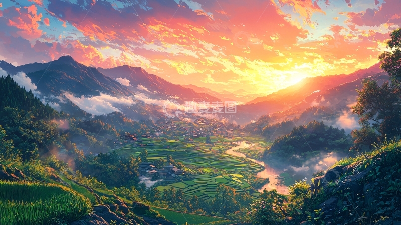 高清大图下载【趣麦麦图】壮丽山河日落景色