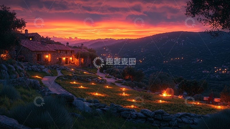 高清大图下载【趣麦麦图】山间别墅落日余晖
