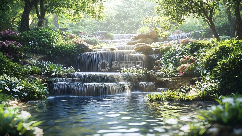 高清大图下载【趣麦麦图】阳光下的森林瀑布