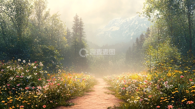 高清大图下载【趣麦麦图】清晨森林小路鲜花