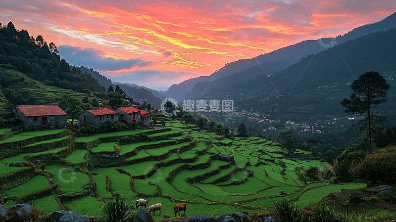 高清大图下载【趣麦麦图】日落下的梯田山村
