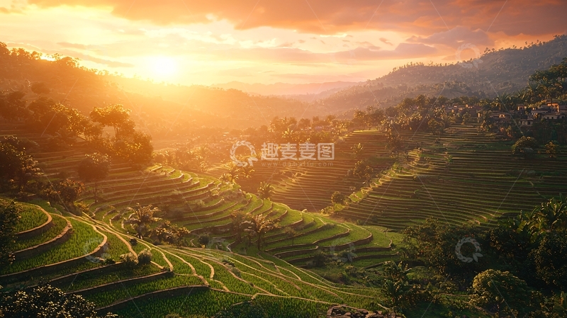 高清大图下载【趣麦麦图】日落梯田风景