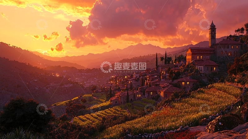 高清大图下载【趣麦麦图】山村日落