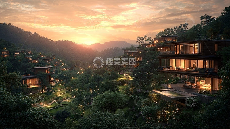 高清大图下载【趣麦麦图】山谷日落酒店群