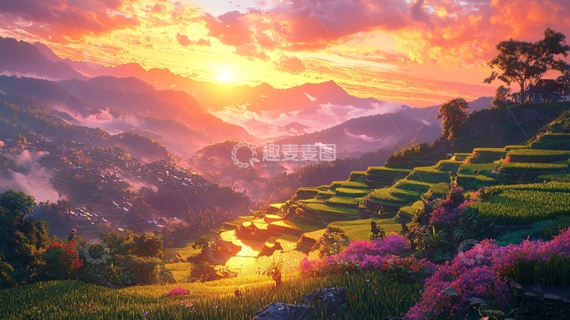高清大图下载【趣麦麦图】日落下的梯田风景