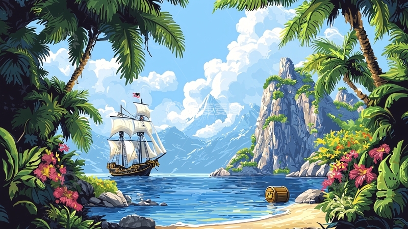 高清大图下载【趣麦麦图】热带海岛帆船风景画